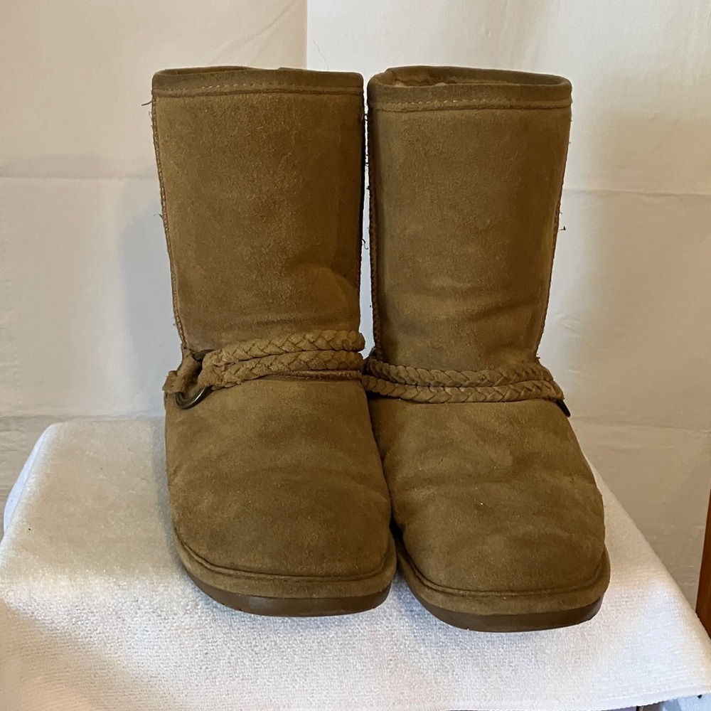Bearpaw Women’s Sz 8 Adele Braided Hickory Suede Boots Faux Fur Pull on